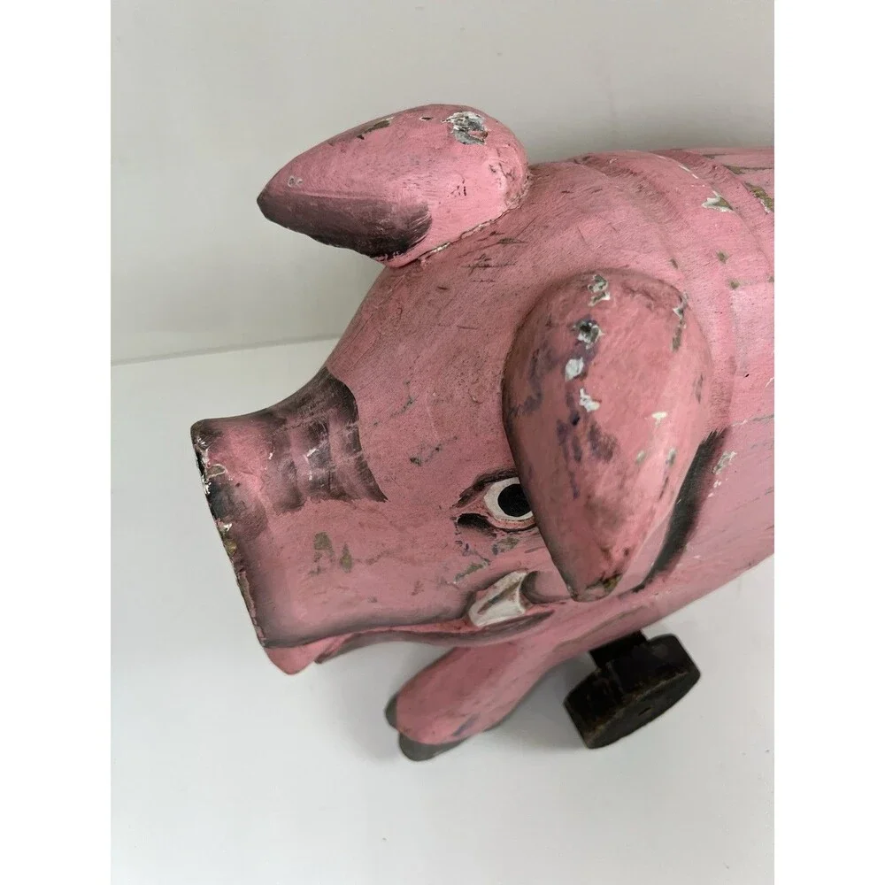 Vintage Handcrafted Carved Wooden Pig on Wheels Art Sculpture Statue Country